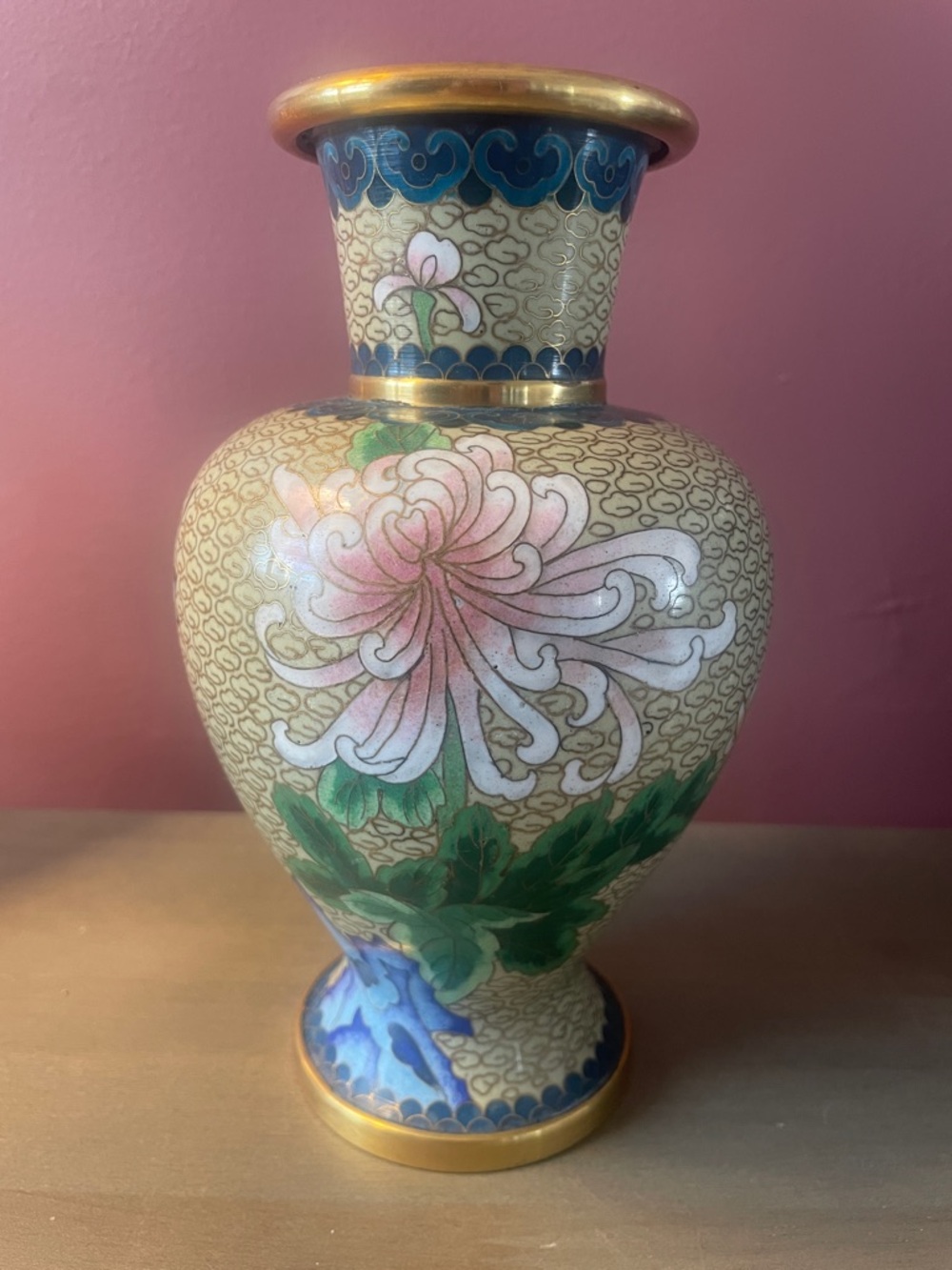 Vintage Chinese Cloisonné Brass Enamel Vase - Floral Chrysanthemum 8”h